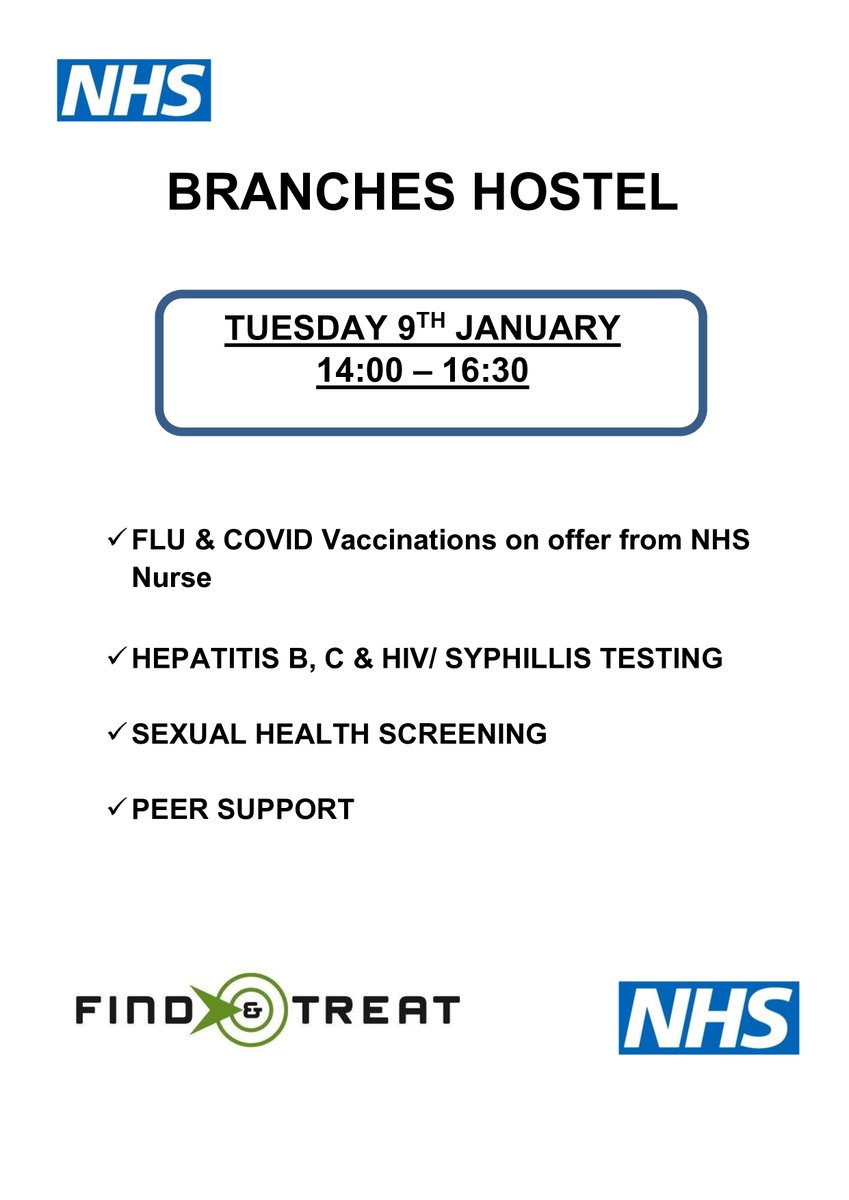 Today at Branches between 14:00 - 16:30!  
In partnership with Find & Treat/@NHS.

#sexualhealth #nhs #vaccinations #brancheshostel #hostel #walthamforest #e17 #eastlondon #flu #covıd #sexualhealthscreening #health #physicalhealth #hostellife #hepatitise #hiv #syphilisprevention