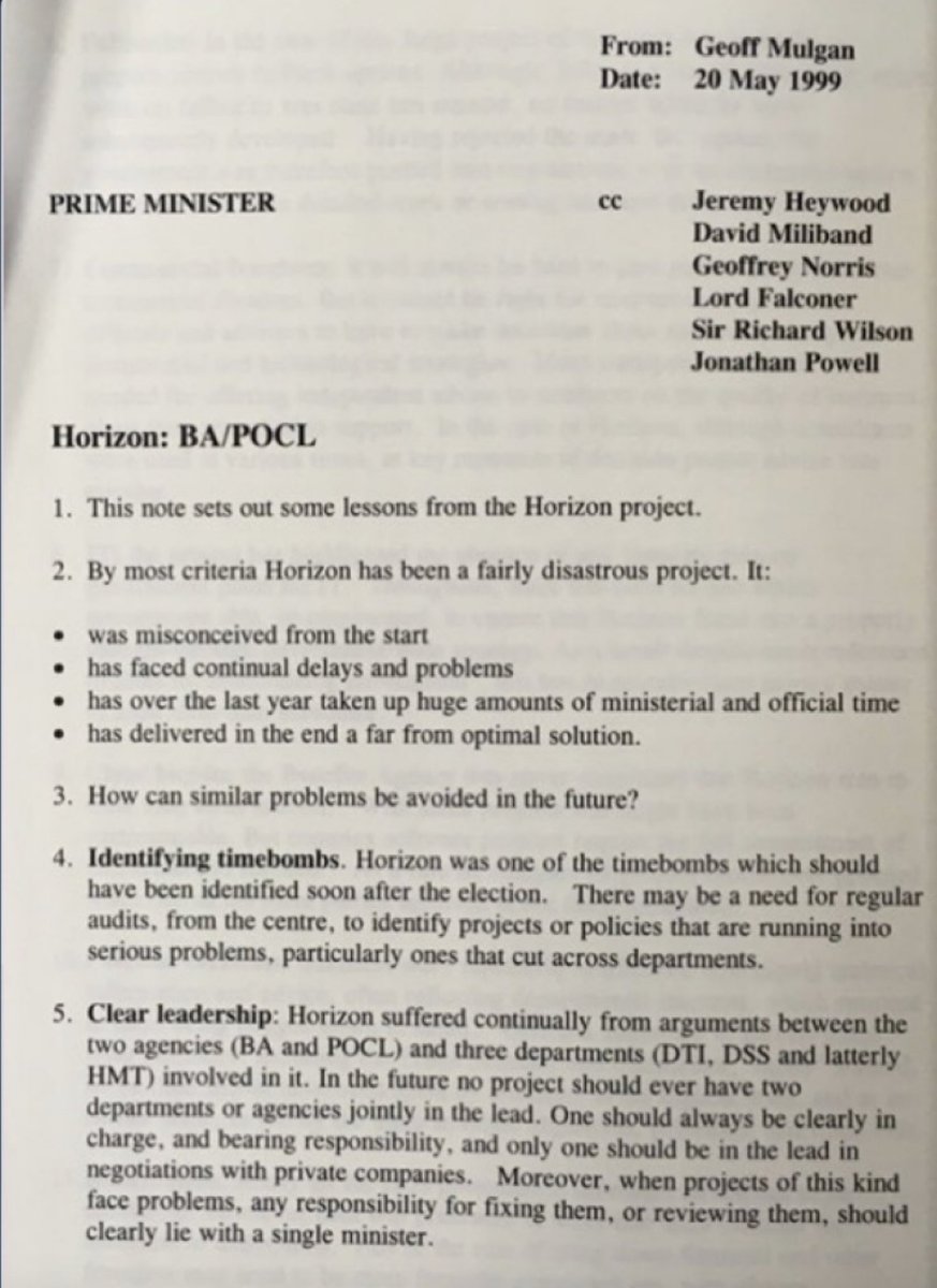 joerichlaw's tweet photo. This May 1999 memo to Tony Blair from Geoff Mulgan (Downing Street Director of Policy) was copied to David Miliband, Lord Falconer and the Cabinet Office’s senior mandarins. It brands Fujitsu’s Post Office/Benefits Agency Horizon project ‘disastrous’ and speaks of ‘timebombs’. https://t.co/AGyEQ3HhM1