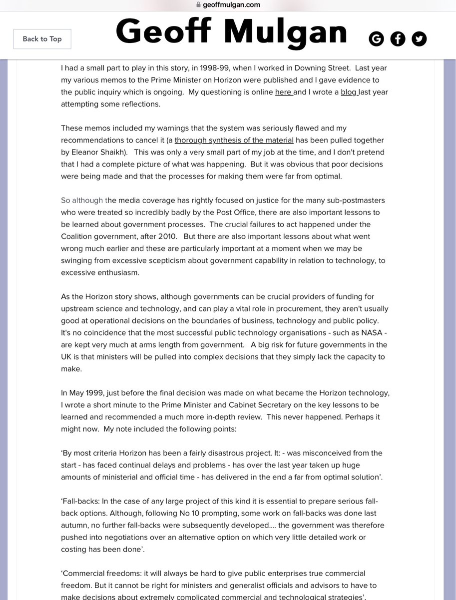 joerichlaw's tweet photo. This May 1999 memo to Tony Blair from Geoff Mulgan (Downing Street Director of Policy) was copied to David Miliband, Lord Falconer and the Cabinet Office’s senior mandarins. It brands Fujitsu’s Post Office/Benefits Agency Horizon project ‘disastrous’ and speaks of ‘timebombs’. https://t.co/AGyEQ3HhM1