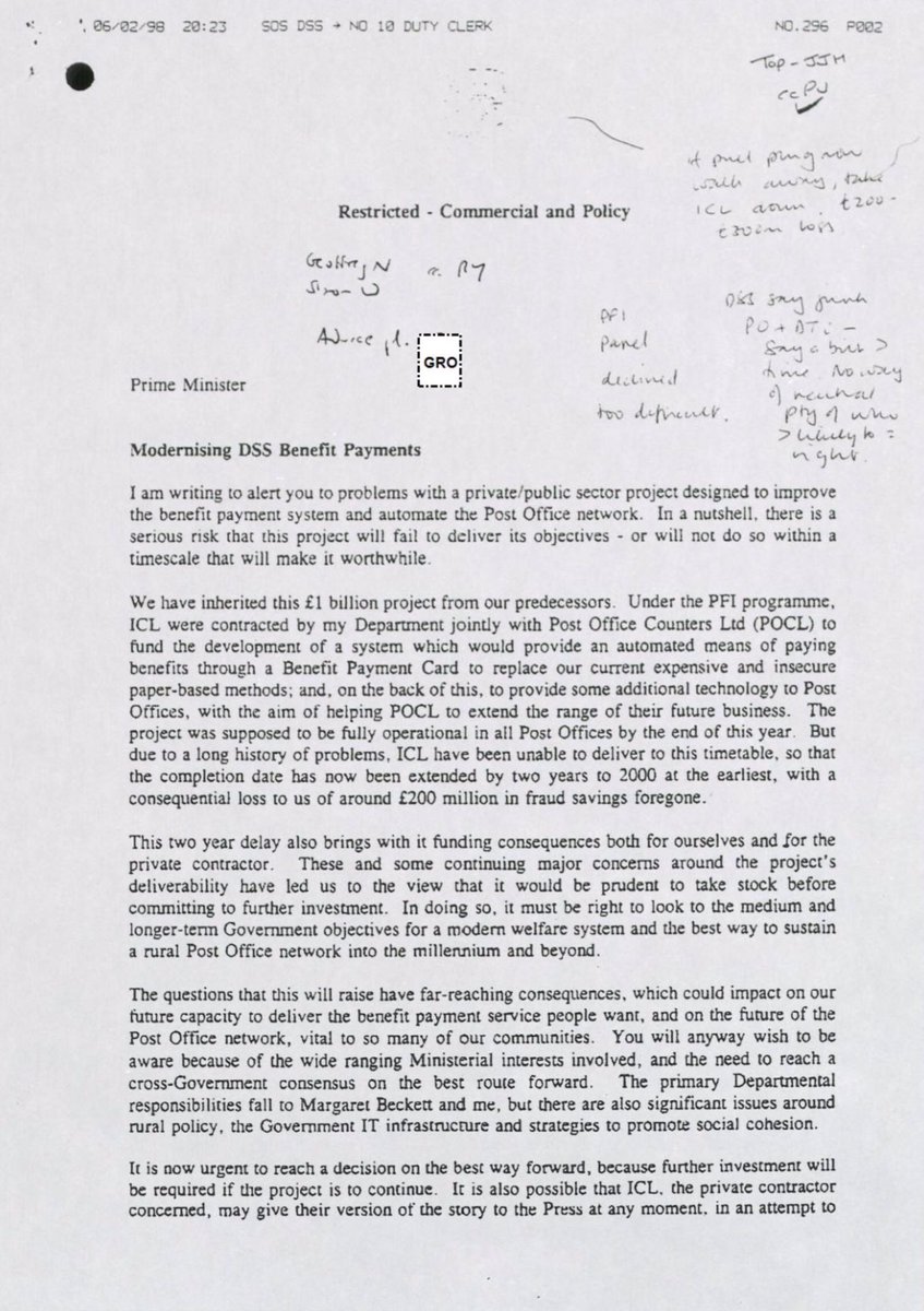joerichlaw's tweet photo. This May 1999 memo to Tony Blair from Geoff Mulgan (Downing Street Director of Policy) was copied to David Miliband, Lord Falconer and the Cabinet Office’s senior mandarins. It brands Fujitsu’s Post Office/Benefits Agency Horizon project ‘disastrous’ and speaks of ‘timebombs’. https://t.co/AGyEQ3HhM1