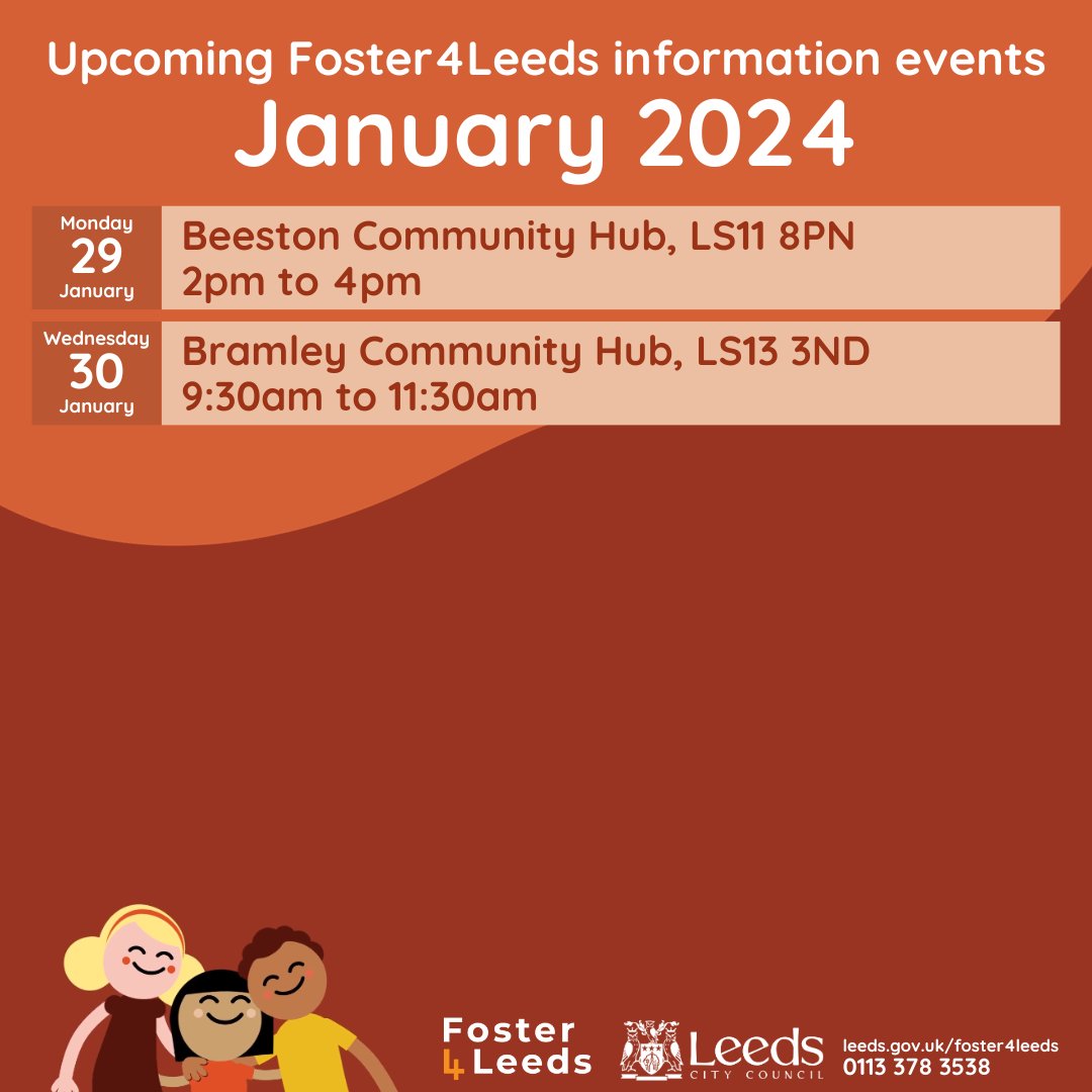 Throughout January, the #Foster4Leeds team will be hosting information events at various locations across Leeds. #Fostering with us is a rewarding experience, enabling you to help change lives. Visit one of our upcoming events to find out more 👇 leeds.gov.uk/foster4leeds/e…