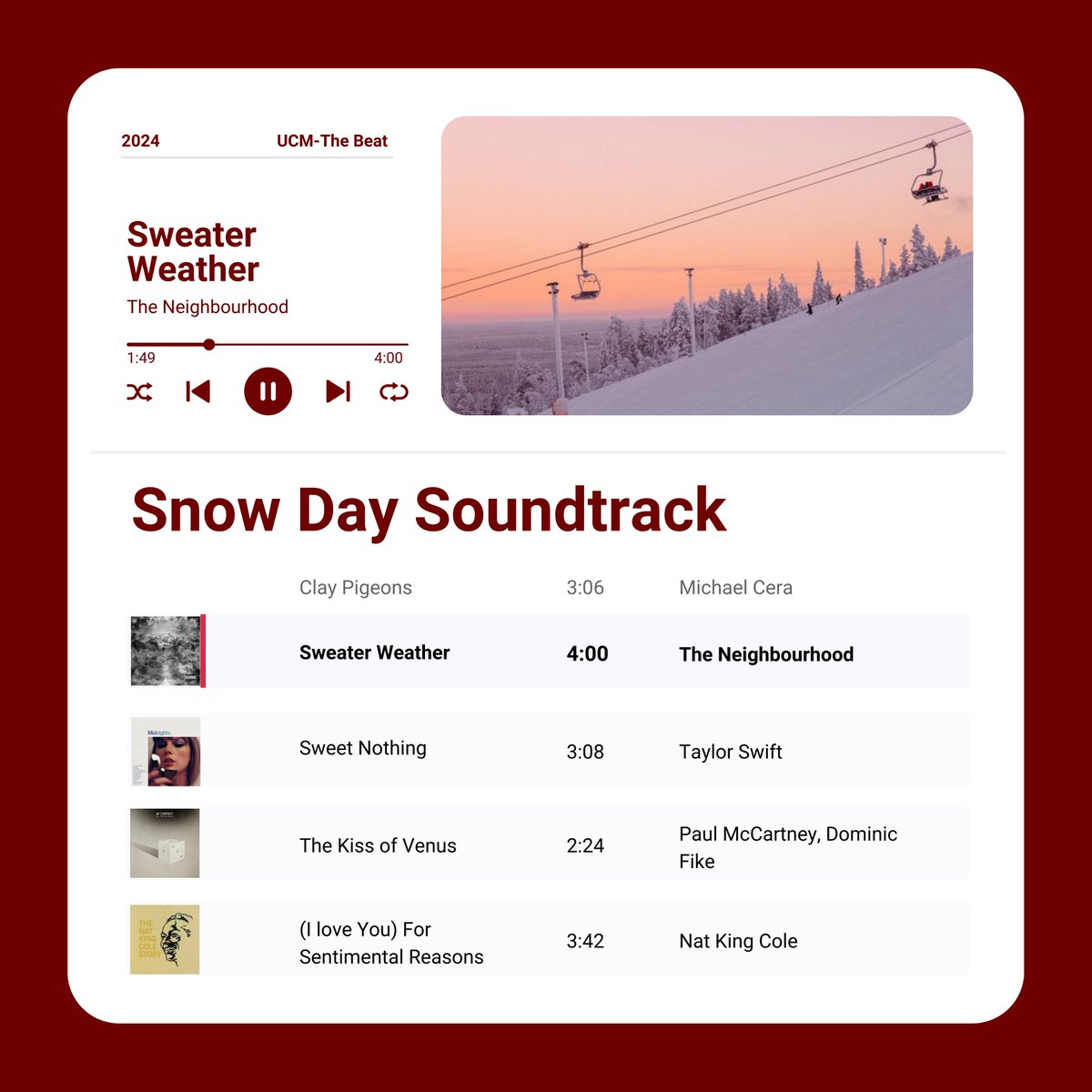 UCMTheBeat's tweet photo. Classes cancelled 🤝AirPods in all day. 
. 
What are you listening to today, Mules and Jennies? ⛄️🏂🤘 https://t.co/xyDlbjvpyr