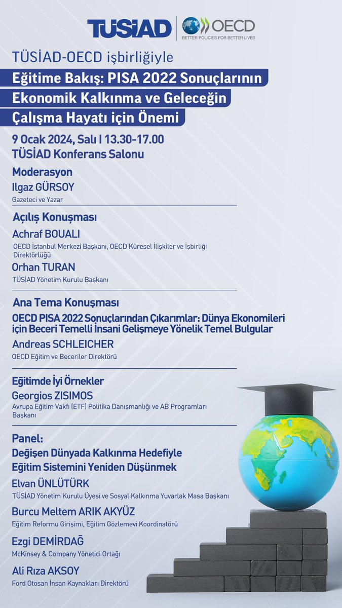 📌TÜSİAD ve OECD işbirliğiyle,
“Eğitime Bakış: PISA 2022 Sonuçlarının Ekonomik Kalkınma ve Geleceğin Çalışma Hayatı için Önemi” Konferansı
🗓️9 Ocak 2024 Salı
⏰13.30-17.00
🏢TÜSİAD Konferans Salonu
Konferans TÜSİAD Youtube kanalından canlı yayınlanacaktır.