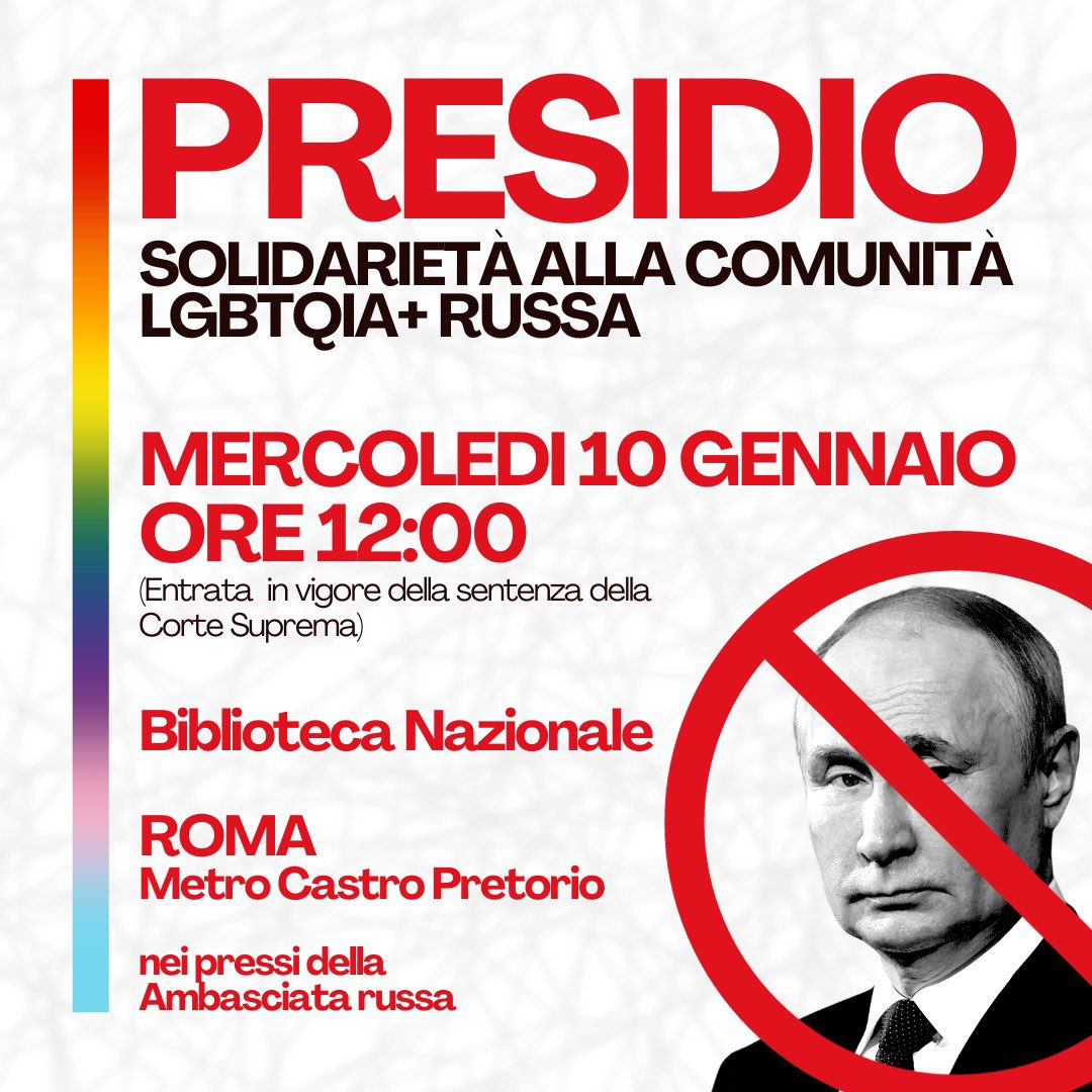 #RUSSIA: A ROMA CONTRO SENTENZA ANTI-LGBT. CON LE DONNE CHE CHIEDONO RIENTRO RISERVISTI
Gaynet, Agedo, M. Mieli, RGR, Agapanto, NUDI Fam. Arcobaleno, Dì Gay Project, Plus RM, Libellula, Arcigay Roma, ARCO, Certi Diritti, GayCenter, Gender X, Diff. Lesbica 
instagram.com/p/C135z3rs-IG