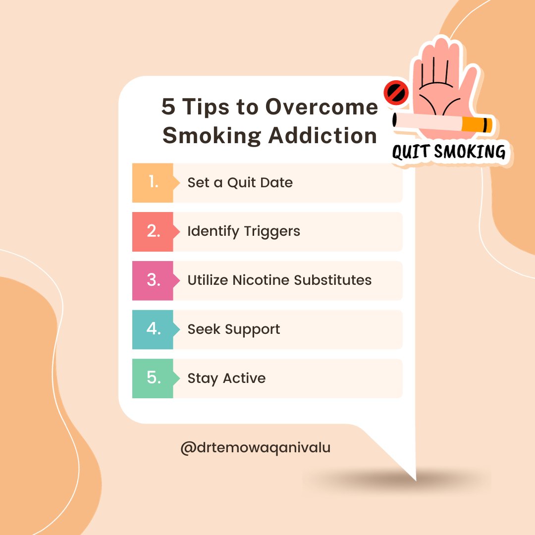 waqanivalut's tweet photo. Ready to quit smoking? Follow these 5 steps to a smoke-free life and breathe easier. Your #Health is worth it! 🚭💪
#QuitSMOKING #SmokeFreeLife #healthfirst #notobacco #quittips #HealthyChoices #drtemowaqanivalu #temowaqanivalu #temowaqanivalureviews #waqanivalu https://t.co/0wLx5u5S0C