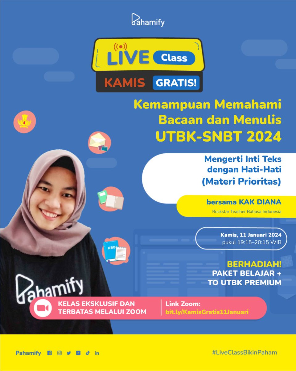 pahamify's tweet photo. ⚠️ Kelas Gratis Persiapan UTBK-SNBT 2024 ⚠️
🎁 BERHADIAH PAKET BELAJAR &amp; TO senilai total 300rb 🎁

📝 Kemampuan Memahami Bacaan &amp; Menulis: Mengerti Inti Teks dengan Hati-Hati
📅 Kamis, 11 Januari 2024
⌚ 19.15−20.15 WIB
🔑 Eksklusif di ZOOM https://t.co/uMnVzaVmAM https://t.co/49qlyHpvtE