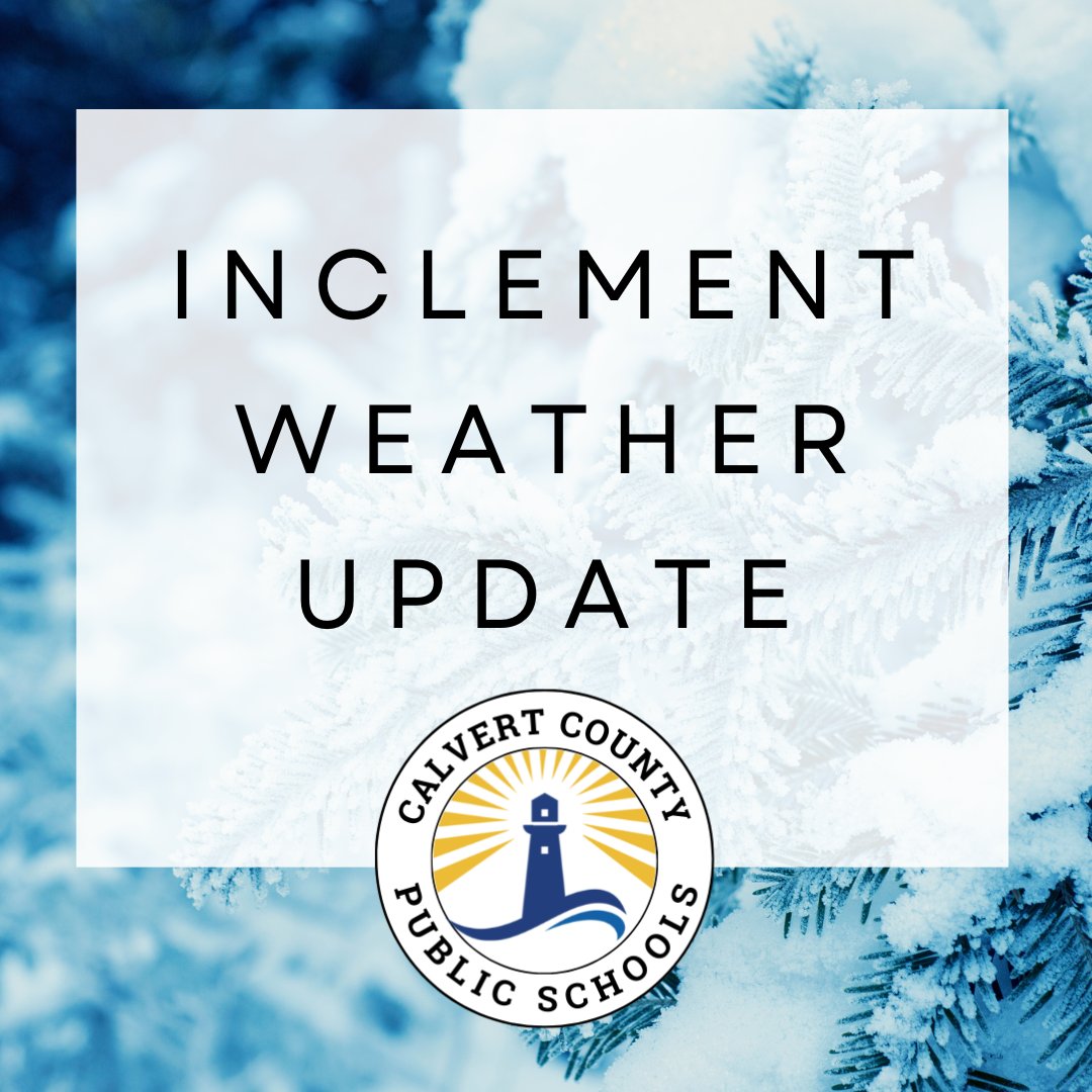Inclement Weather Notice for Tuesday, January 9, 2024 - All Calvert County Public Schools will close two hours early and all after school and evening activities are cancelled.
Weather Closing Codes: calvertnet.k12.md.us/.../admi.../em…