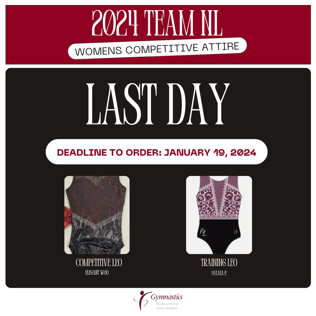 Go! Go! Go! Today is your last chance to order any women’s competitive attire for 2024.

Head over to our website to place your order now: gymnasticsnl.uplifterinc.com/pages/gnl-merc…

#Gymnastics #GymnasticsNL #GNL #SportNL <a href="/sportnl/">SportNL</a>