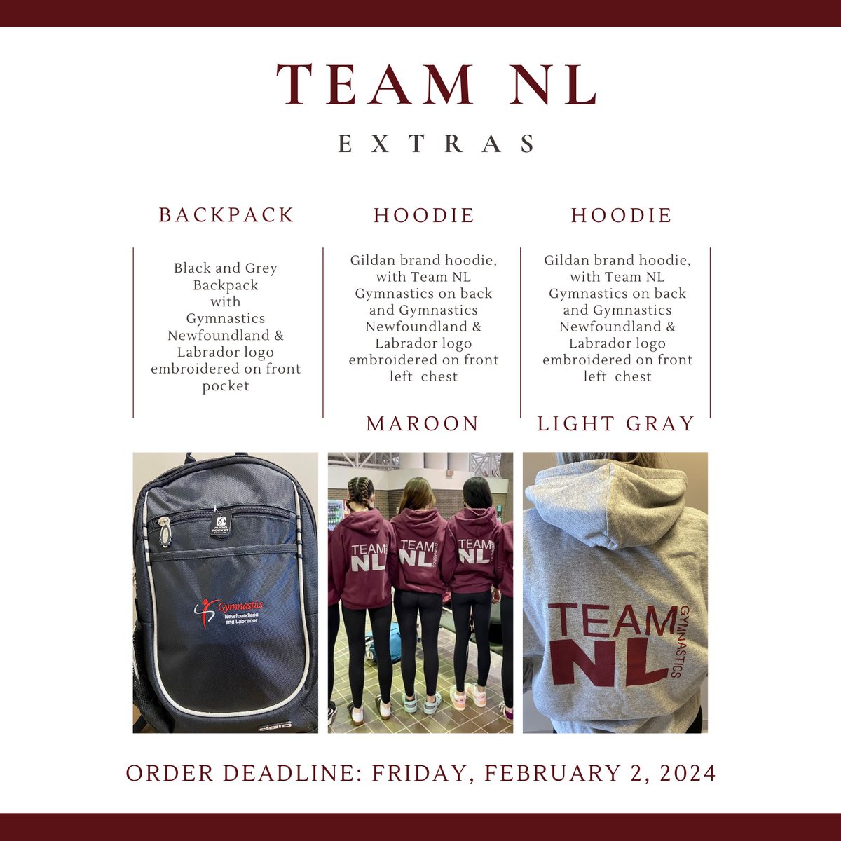 It’s official! GNL’s #TeamNL swag is available for online ordering👏

Grab your GNL backpack or hoodie now! Head to the GNL website to order: gymnasticsnl.uplifterinc.com/pages/gnl-merc…

These are optional purchases &amp; are not required for Team NL athletes

#GymnasticsNL #Gymnastics <a href="/sportnl/">SportNL</a> #SportNL