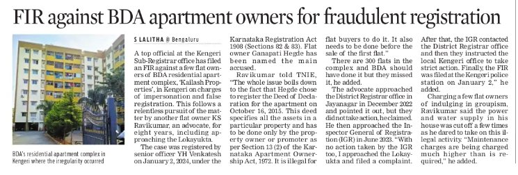 Kengeri Sub registrar files FIR agat BDA flat owner for registering the Deed of Declaration for the BDA aprt complex 8 yrs ago. It can be done only by promoter. Another flat owner, advocate KS Ravikumar, approached the Lokayukta forcing the @IGRKarnataka to act @NewIndianXpress