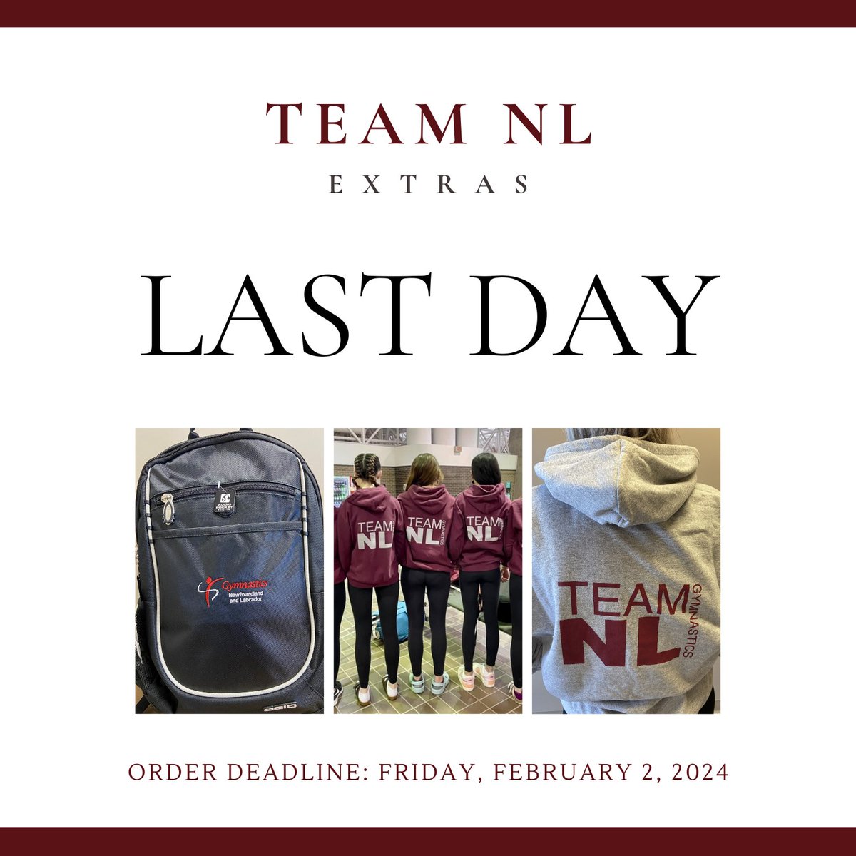 There’s only one day left to grab your GNL #TeamNL extras! Order now by visiting our website.

gymnasticsnl.uplifterinc.com/pages/gnl-merc…

#Gymnastics #GymnasticsNL #GNL #SportNL <a href="/sportnl/">SportNL</a>