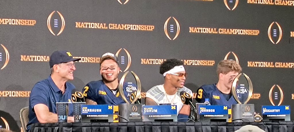 WoodsFootball's tweet photo. Harbaugh. Corum. Johnson. McCarthy.

National Champs. https://t.co/EDYj3CKqHN