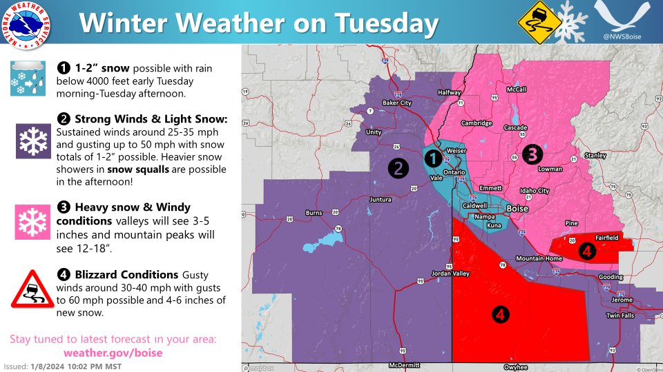 ⚠️This is a VERY complex winter storm with many different impacts across the region. We've tried to summarize the latest for just tomorrow (TUESDAY!) here. 

🌨️This winter weather will last through late Wednesday with more this weekend, so stay weather aware! #idwx #orwx