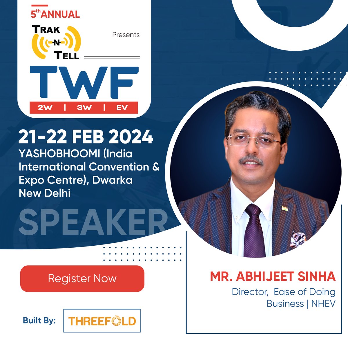 Exciting news! Mr. Abhijeet Sinha, Director, Ease of Doing Business, joins as a Speaker at 5th TWF on Feb 21-22, 2024, YASHOBHOOMI, New Delhi.
20% discount: bit.ly/46eqhju
Contact Raghav Shankar at +919599881027 or raghav@threefold.in for details. 
#TWF2024 #EVForum #ev