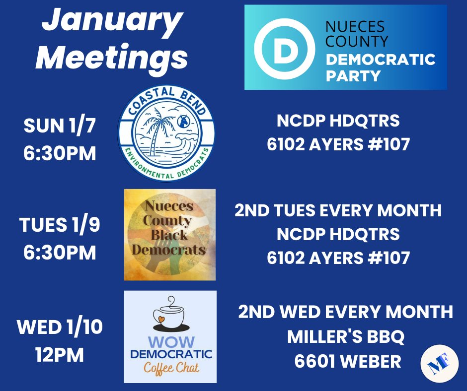 NuecesDemocrats's tweet photo. Join us at any of our Jan mtgs! https://t.co/EsS6kVckJj