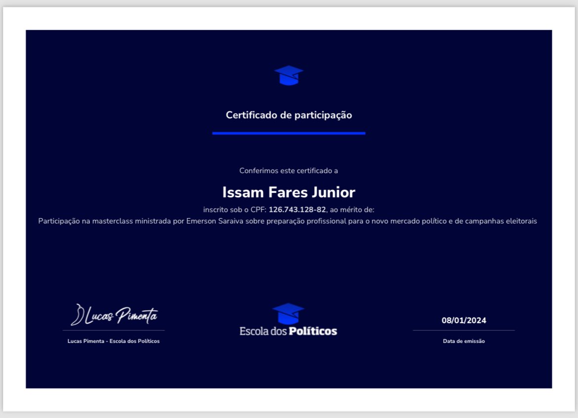 IssamFaresJr's tweet photo. Plataforma escola de políticos.
Apresenta excelentes cursos, estou gostando, valeu a pena o investimento.
Ai vai 3 cursos concluídos. https://t.co/Ioy5xN8FNi
