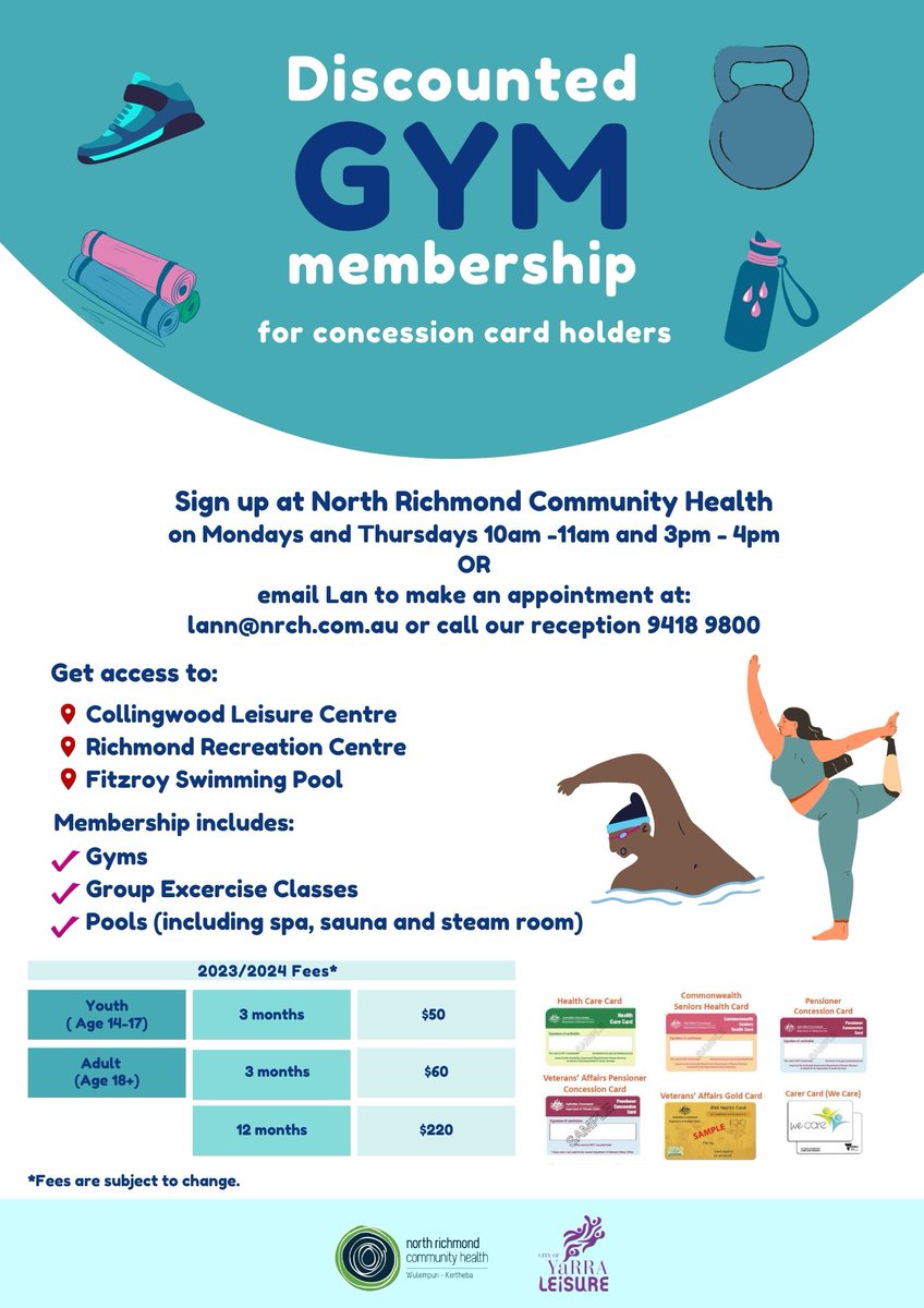 If you're looking to kickstart an active lifestyle in 2024, we have great news for you!
We have partnered with Yarra Leisure to offer you a discounted* gym membership when you sign up at North Richmond Community Health (NRC).
Enjoy access to pools, gym, spa, sauna, and many more!
