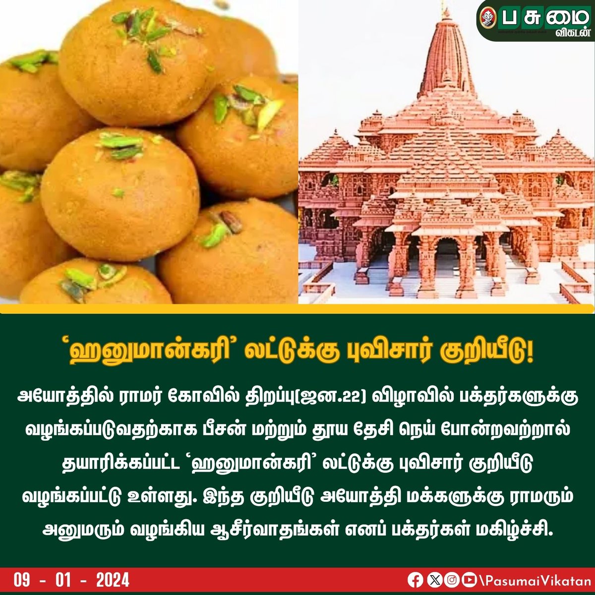 PasumaiVikatan's tweet photo. `ஹனுமான்கரி' லட்டுக்கு புவிசார் குறியீடு!
#Hanumangiri #GeographicCode #Ayotthi #RamTemple https://t.co/9WHIU2C0m7