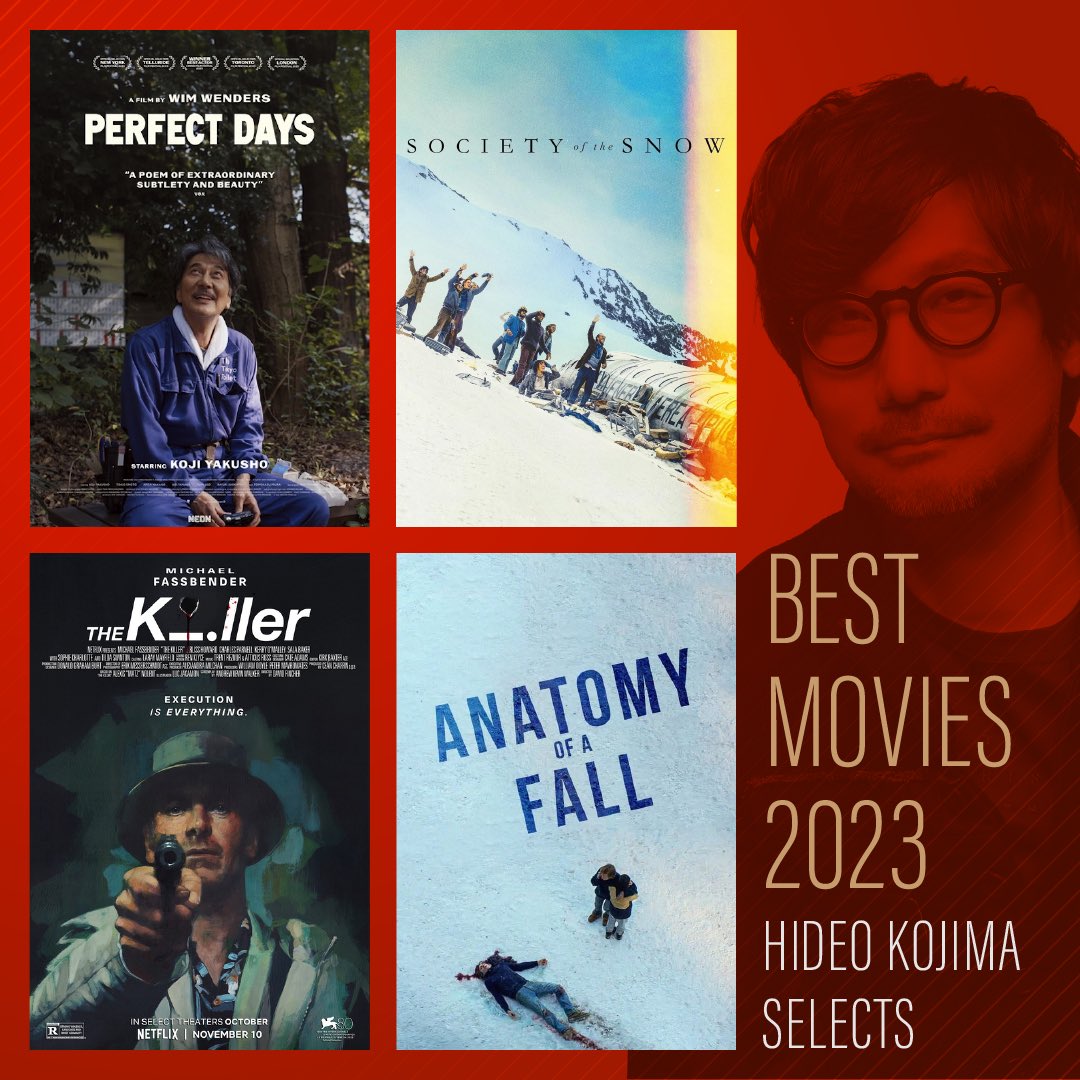 HIDEO_KOJIMA_EN's tweet photo. Here’s Hideo Kojima's Top 12 Films released in 2023. No ranking. They are listed in the order in which I saw them. 

♥️AIR
♥️️aftersun
♥️ The Banshees of Inisherin 
♥️Close
♥️R.M.N.
♥️The Wolf House
♥️The Beasts
♥️VORTEX 
♥️PERFECT DAYS
♥️Society of the Snow
♥️The Killer
♥️Anatomy of a fall