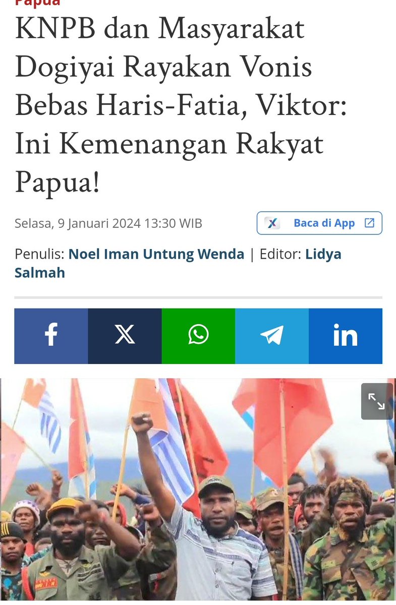 'Rakyat Papua di Dogiayai menyambut pembebasan Haris dan Fatia di pengadilan yang kemarin duputuskan bebas. Maka kami sampaikan kemenangan ini adalah kemenangan juga bagi rakyat Papua,' papua.tribunnews.com/2024/01/09/knp…
