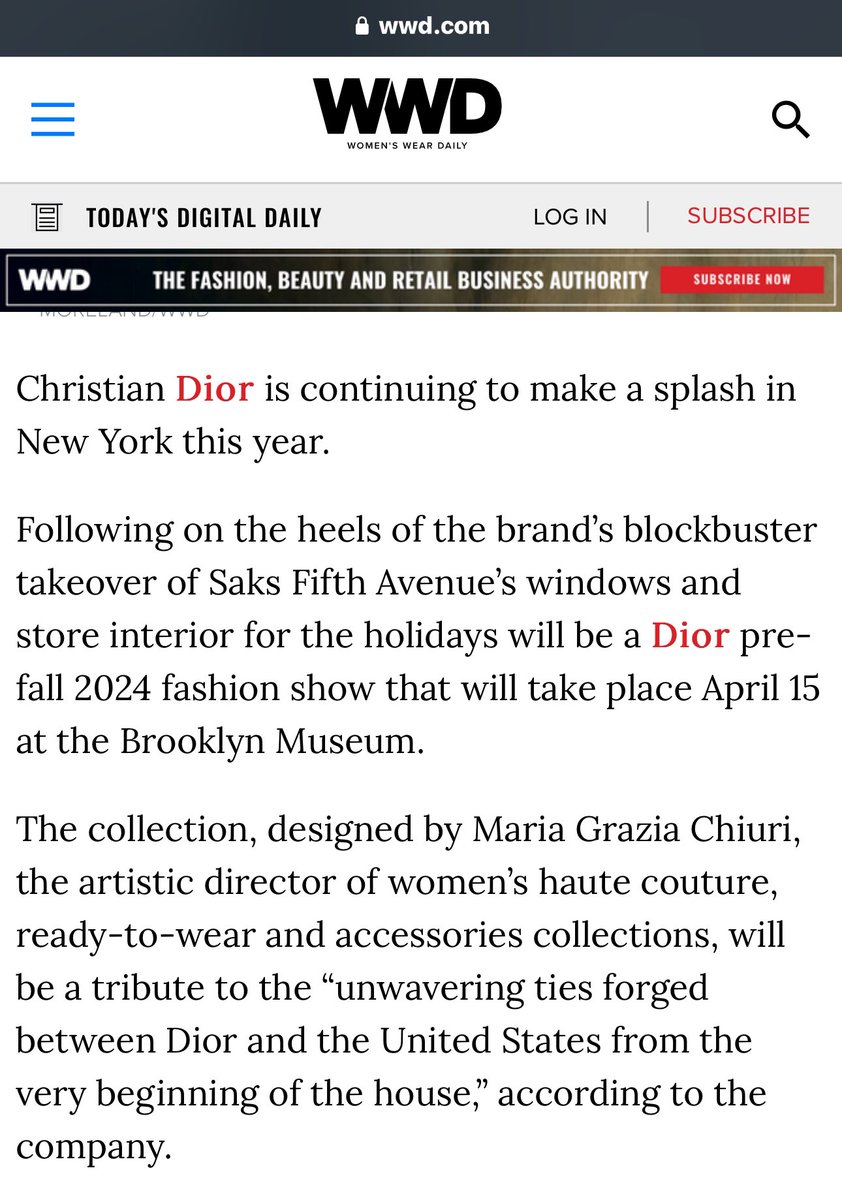 freakinglovit's tweet photo. ARTICLE : Mile Apo Features ✨✨
Dior to Show Pre-fall Collection at the Brooklyn Museum in April
This follows last year's pre-fall collection at the Gateway of India in Mumbai.
——#DiorFall23xMileApo
@Dior x #DiorFall23 x #StarsinDior
#Dior
MILEAPO IN MUMBAI
Christian Dior is continuing to make a splash in New York this year.
Following on the heels of the brand's blockbuster takeover of Saks Fifth Avenue's windows and store interior for the holidays will be a Dior pre-fall 2024 fashion show that will take place April 15
at the Brooklyn Museum.
The collection, designed by Maria Grazia Chiuri, the artistic director of women's haute couture, ready-to-wear and accessories collections, will be a tribute to the "unwavering ties forged between Dior and the United States from the very beginning of the house," according to the company.
“Among the celebrities who attended that show were Hollywood actors Yara Shahidi, Cara Delevingne, Freida Pinto, Maisie Williams and Simone Ashley; Thai actors Mile Phakphum and Apo Nattawin, and Bollywood stars including Sonam Ahuja Kapoor and Anushka Sharma with her husband, well known cricketeer Virat Kohli, as well as sitarist Anushka Shankar.”
By : wwd website
🔗full article link at reply
—————
@milephakphum ㋛ x @Nnattawin1 ツ
#Nnattawin ㋛ x #MilePhakphum ツ