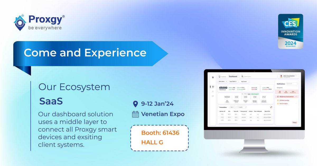 IoT made easy! Our game-changing SaaS dashboard lets you manage the devices, unlock insights and connect systems effortlessly.  It is your one-stop tech hub. 
#ProxgySaaS #innovation #Ces2024 #Proxgy