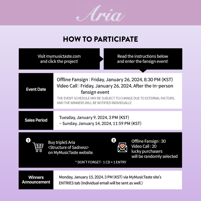 MMT SHOP on X: 📣tripleS Aria <Structure of Sadness> Global Video Call  Event &Fan Sign Event 🗓️Until January 14, 11:59 PM 📸MMT exclusive  postcard 🎁Winner gift: Refer to image below Online📲