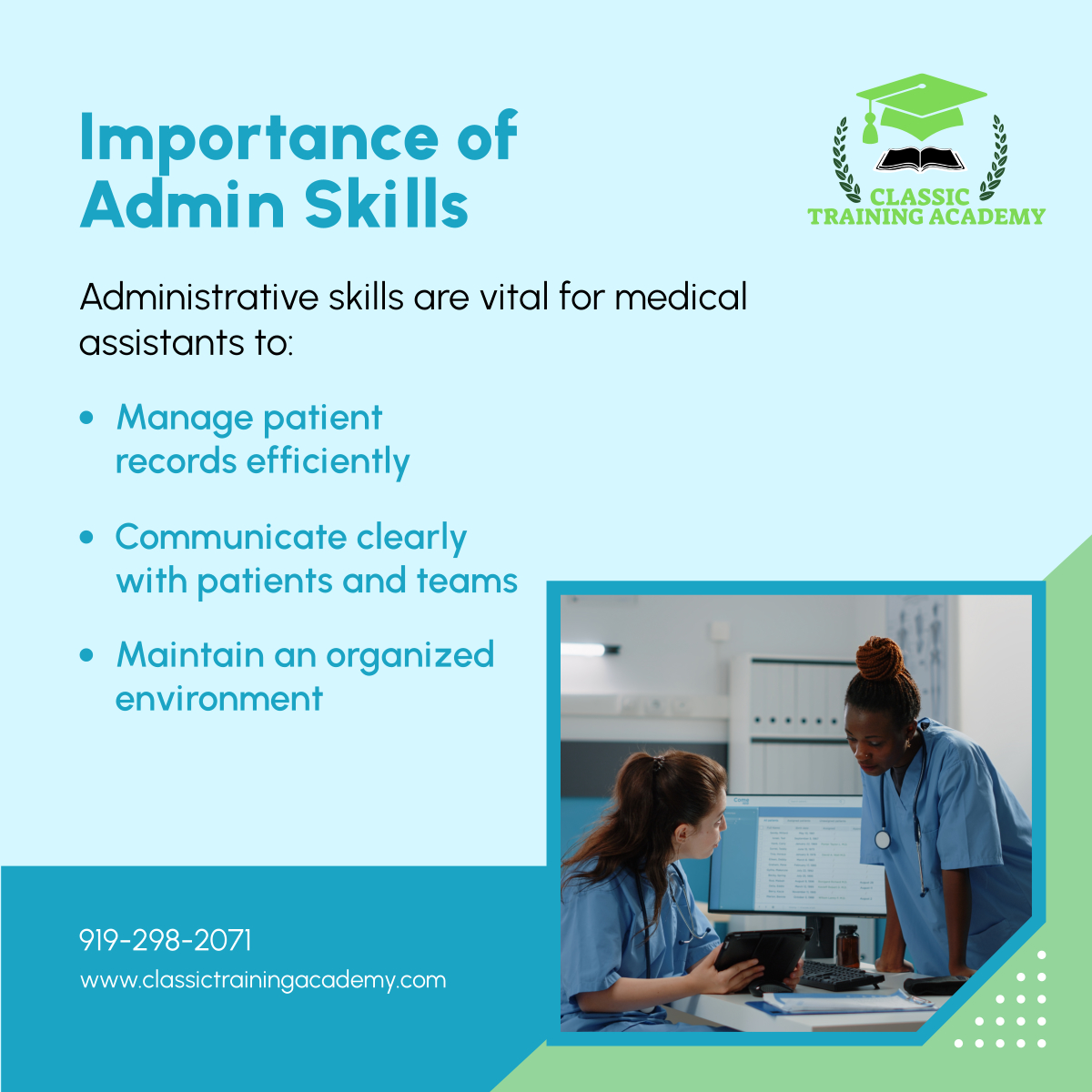 ClassicTrain1's tweet image. Sharpening administrative skills for medical assistants, our courses emphasize efficient management, effective communication, and organizational skills, preparing you for a multifaceted role in healthcare. 

#HealthcareTrainings #HealthcareTrainingSchool #RaleighNC