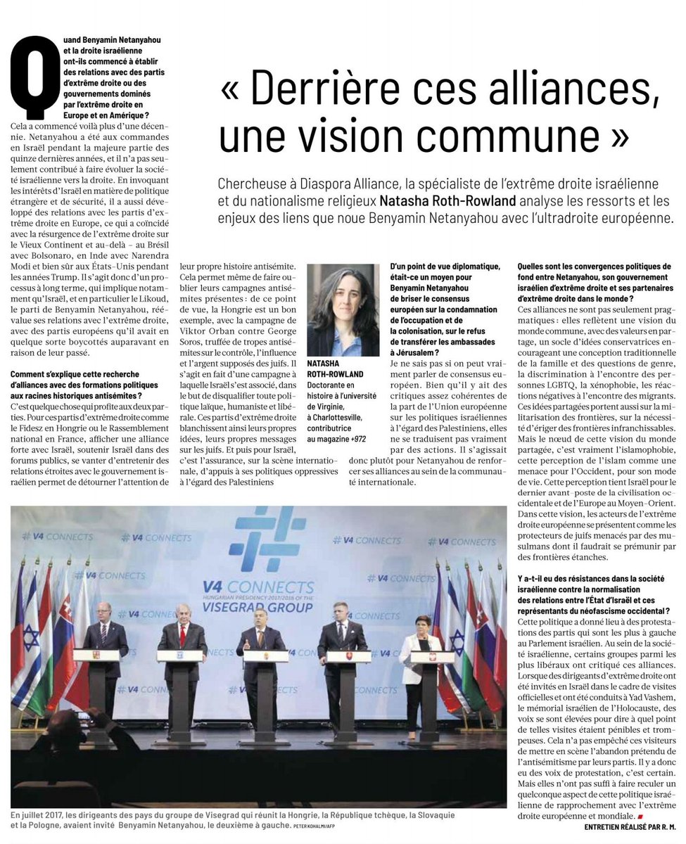 Chercheuse à Diaspora Alliance, la spécialiste de l'extrême droite israélienne et du nationalisme religieux Natasha Roth-Rowland analyse les ressorts et les
enjeux des liens que noue Benyamin Netanyahou avec l'ultradroite européenne.