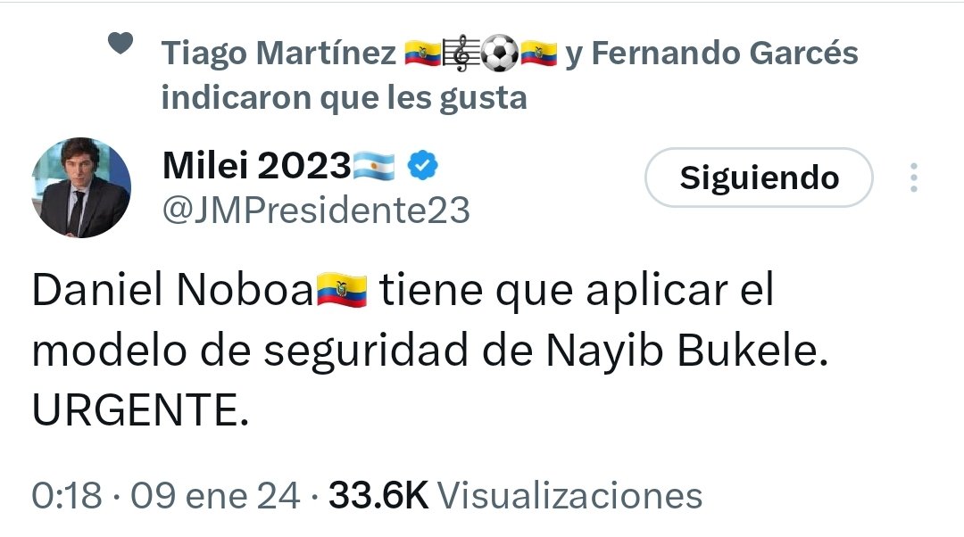 noticiarasputin's tweet photo. JAVIER MILEI PRESIDENTE DE ARGENTINA. INSTA A @DanielNoboaOk aplicar el modelo de @nayibbukele... Ojalá escuche. https://t.co/PCejBjGqpn