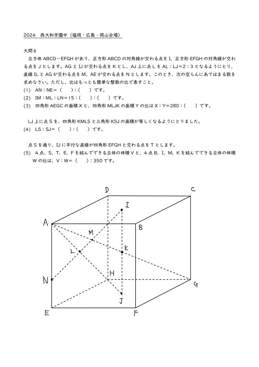 2024 中学入試　西大和(福岡、広島、岡山) 算数
大問6 
算数が得意な受験生は完答したい。答えにヒントもあり、正確な作業力と効率的なアプローチが必要な問題です。

福岡会場は問題も出回りにくいので参考になれば。
私も解いて答えも出しているので、挑戦してみて下さい。

#中学入試