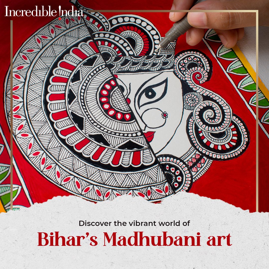 incredibleindia's tweet photo. An ancient artform born from the skilled hands of Mithila's women in #Bihar. The intricate themes and vivid hues continue to weave timeless tales. Come, delve into the #IncrediblyExquisite world of #Madhubani, where art intertwines with tradition. https://t.co/c1vzR9hEFG