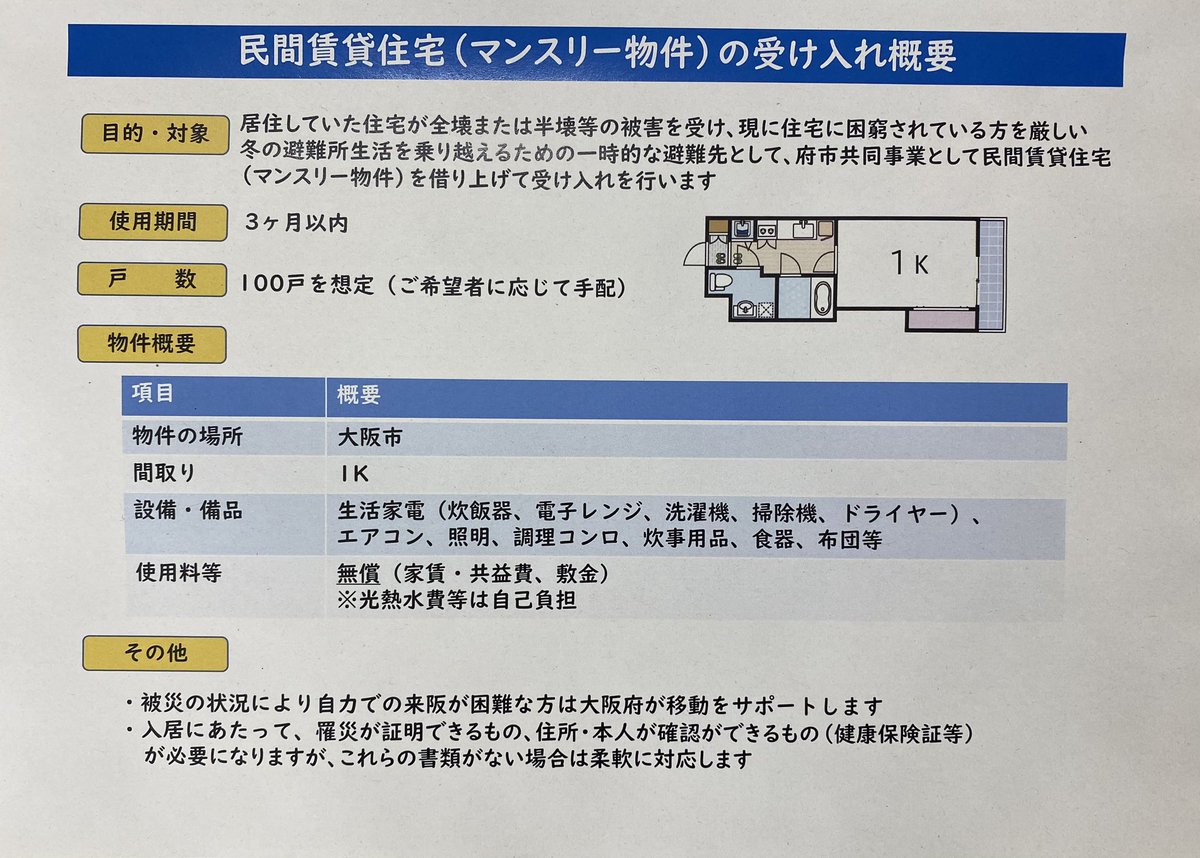 hiroyoshimura's tweet photo. 能登、冬の避難所被災者の方へ、即入居可の大阪府内マンスリーマンション100戸を準備しました。無償です。また、生活家電、食器等を整えた即入居可の府営住宅100戸も準備しました。無償です。被災により移動が困難な方には、大阪への移動支援も行います。本日受付開始です。電話0669446021。詳しくは↓ https://t.co/XjlO2DjccT