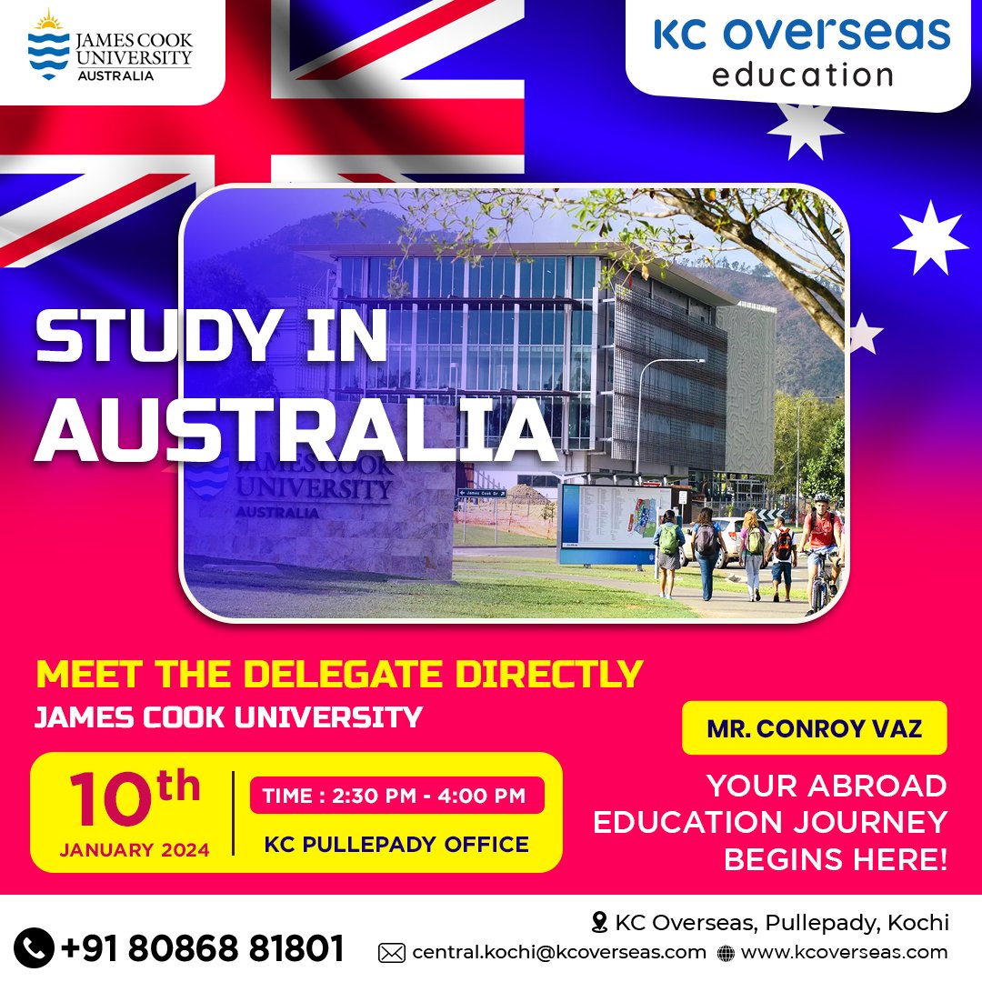 🇦🇺STUDY IN AUSTRALIA🇦🇺
Explore your study options in Australia with James Cook University! Meet Mr. Conroy Vaz, the university delegate, on January 10, 2024, from 2:30 PM to 4:00 PM at KC Pullepady Office. 
#StudyAbroad #StudyInAustralia #JamesCookUniversity