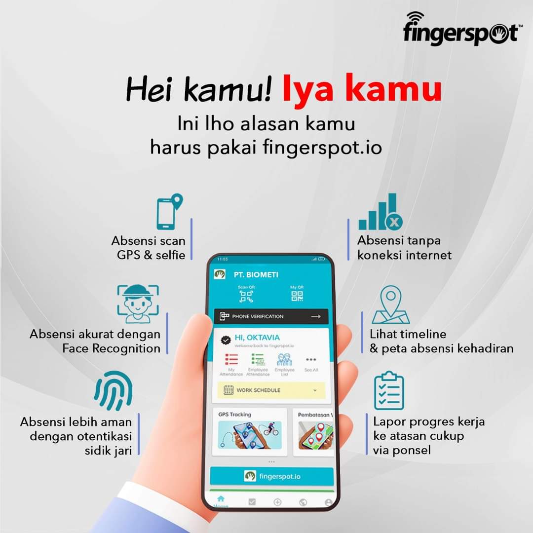 Fingerspot.io Absensi 𝐬𝐜𝐚𝐧 𝐆𝐏𝐒 & 𝐬𝐞𝐥𝐟𝐢𝐞, kamu bisa absen dengan cepat dan akurat 📷📍

𝐟𝐢𝐧𝐠𝐞𝐫𝐬𝐩𝐨𝐭.𝐢𝐨, partner setiamu buat manajemen kehadiran yang effortless 💼🕒

#Fingerspot #fingerspotio #Fingerprint #absensionline #absensikaryawan