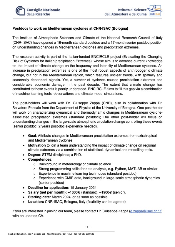 giu_zappa's tweet image. I am looking for two motivated postdocs to work on
the impact of climate change on Mediterranean cyclones and extreme precipitation events at CNR-ISAC , Bologna. Deadline approaching soon!