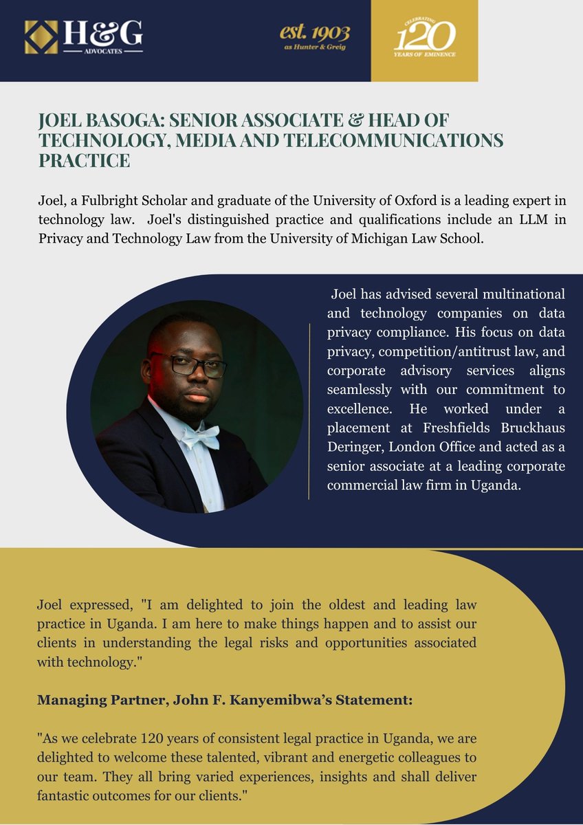 Talent Announcement | H&amp;G Advocates is pleased to announce the strategic appointments of Deus Mugabe  as Associate Partner and Head of Tax Practice and, <a href="/JoelBasoga/">Joel Basoga</a> as Senior Associate &amp; Head of Technology, Media and Telecommunications.