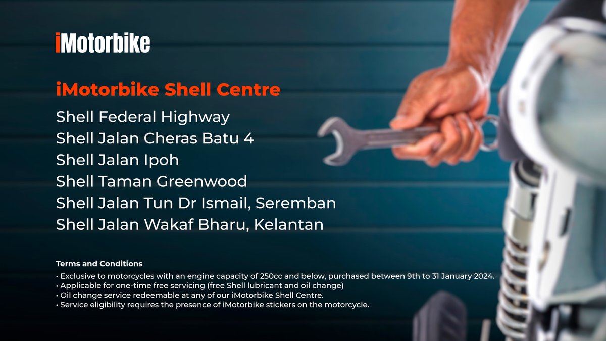 iMotorbike is offering FREE motorcycle services at selected Shell centers! 🛠️📷 Snag this offer with every purchase of motorcycles 250cc and below.  Available only from 9-31 Jan 2024.  

*T&C applied
*Bring your own oil filter 

#imotorbike #Freeservice #imotorbikeshell