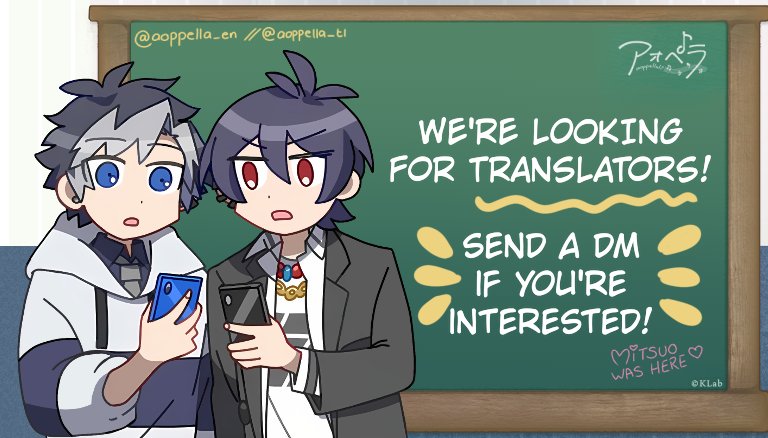 [✨️] We're looking for translators who can help with the wachapellas, manga, side stories and more things! If you're interested please send a DM to this account or <a href="/aoppella_tl/">–Aoppella!?– TLs</a>
