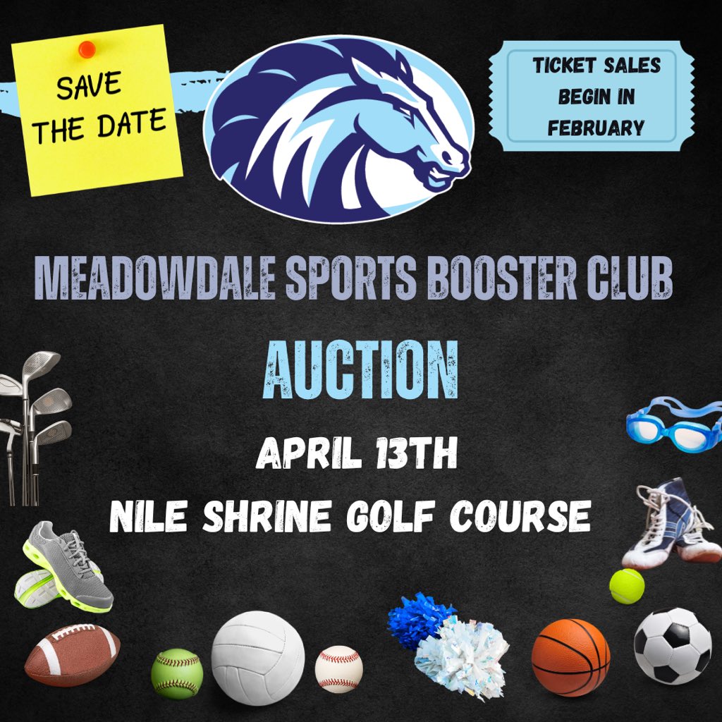 Save the date! The annual Meadowdale Sports Booster Club auction will be on April 13th! Tickets will be available for sale starting in February.