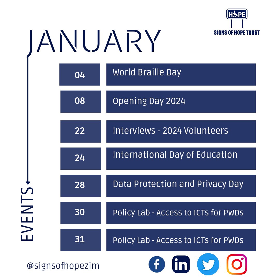 We are back in the office after a great holiday break. Please take note of our #JanuaryCalendar. We look forward to working with you this year. #WeAreSignsOfHope #AdvocateEmpowerServe @OpenParlyZw @ParliamentZim @ReserveBankZIM @QUAPAZ1 @communitypodium @NkomwaTrust @TauraiChako