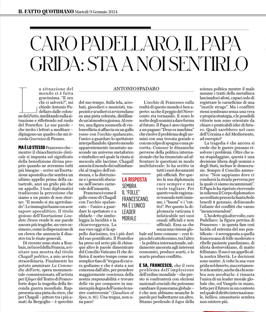 Viviamo una fase lucida ed estrema del Pontificato di #PapaFrancesco. La sua voce - che si eleva sui rigurgiti di chiacchiericcio clericale - ci ammonisce con lucidità e chiaroveggenza mentre finisce la “tregua” del mondo e torniamo nel Novecento. Come fa il gallo nella “Commedia