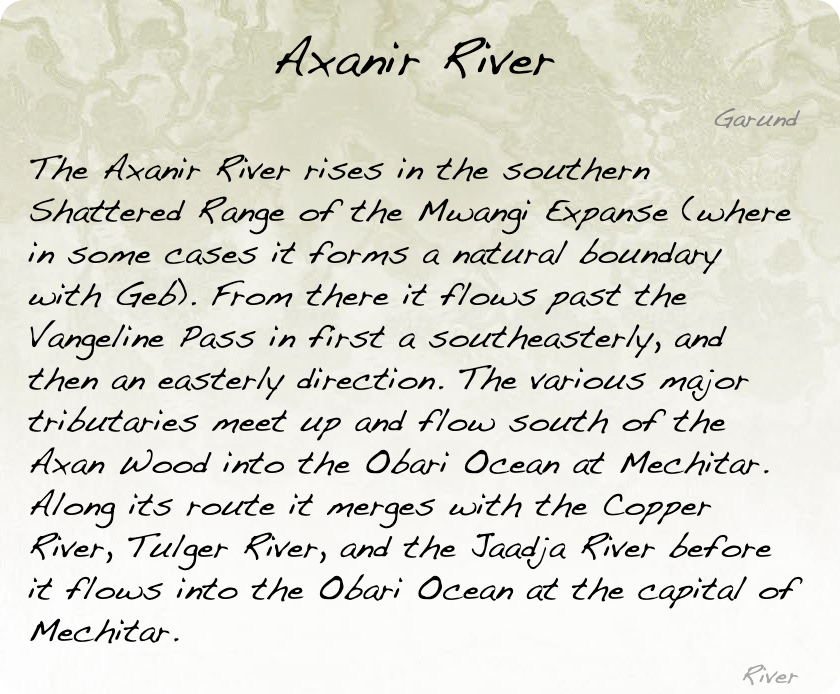 GolarionToday's tweet photo. Axanir River, Garund
https://t.co/FTi1Iv9MAT
#AxanirRiver #ShatteredRange #MwangiExpanse #Geb #VangelinePass #AxanWood #Mechitar #CopperRiver #TulgerRiver #JaadjaRiver https://t.co/49Q7QQ4VqX