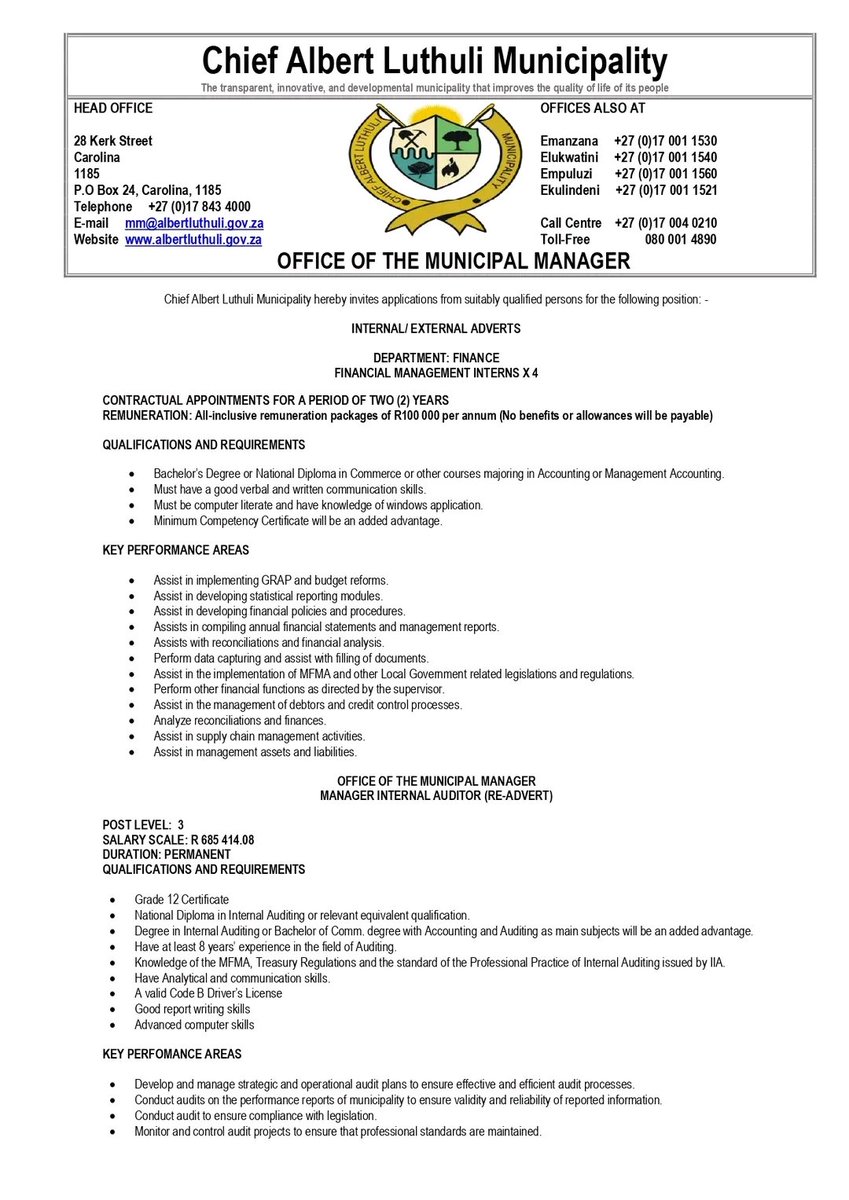 RMakukuli's tweet photo. Chief Albert Luthuli Municipality

Manager Internal Auditor
Financial Management Interns x4 posts 

Closing Date: 22 January 2024 https://t.co/rDE4Vrq9Yb