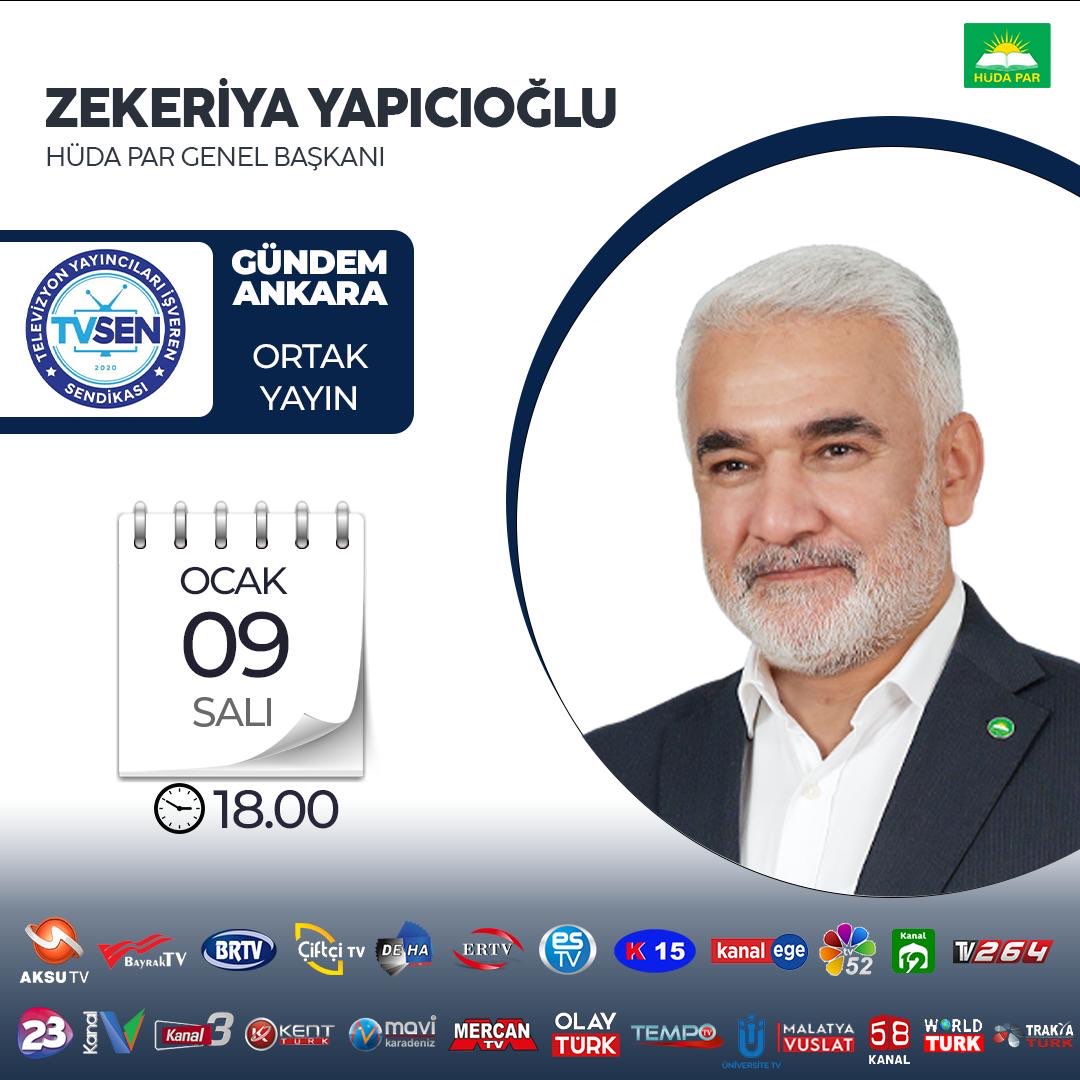 HurDavaPartisi's tweet photo. Genel Başkanımız Sayın Zekeriya Yapıcıoğlu, bugün (Salı) saat 18.00’de TVSEN bünyesindeki 25 TV kanalında ortak yayınlanacak olan ve Arif Çakmak’ın sunacağı ‘Gündem Ankara’ programının canlı yayın konuğu olacak.

#HÜDAPAR https://t.co/Z8iAbGyOXS