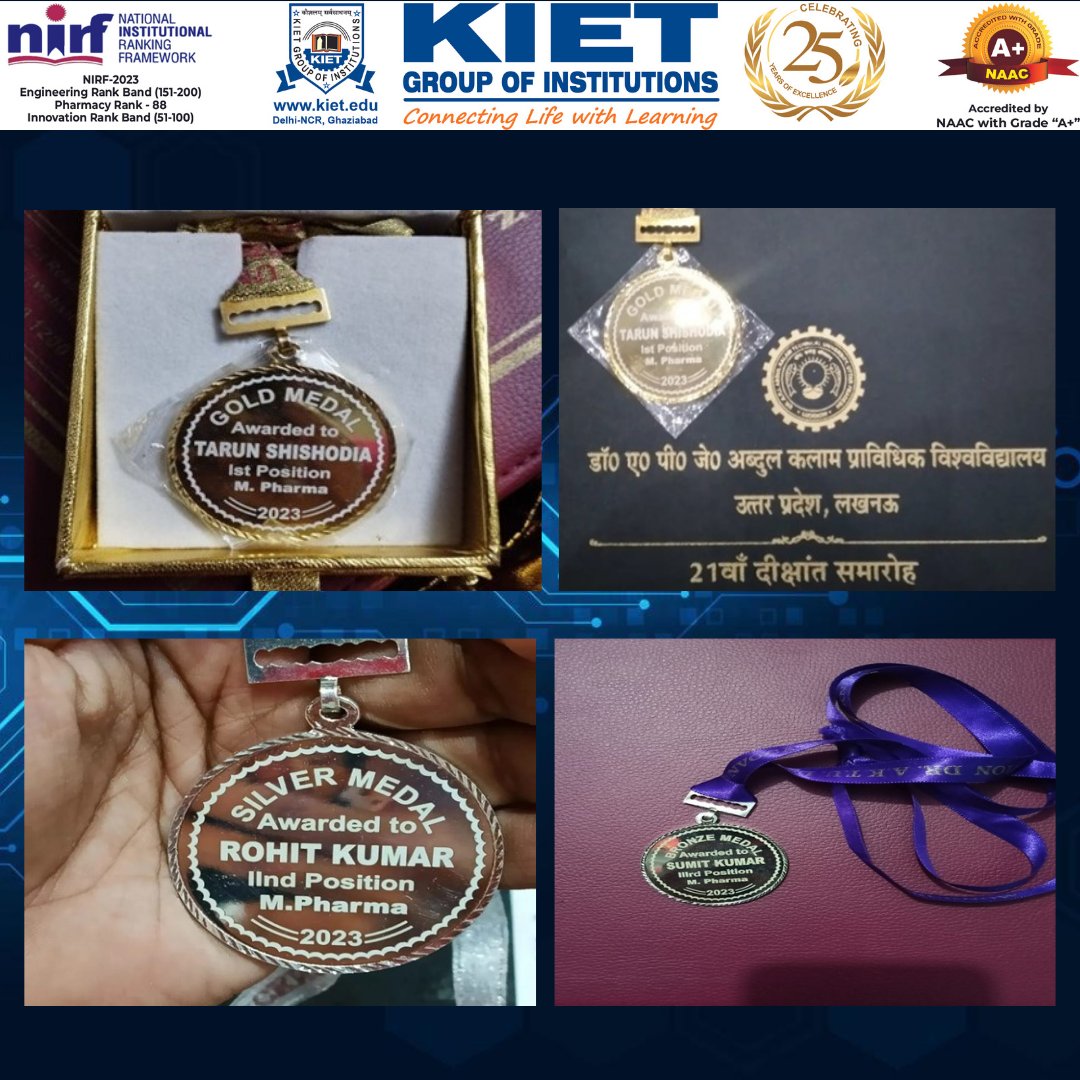 Thrilled to share that three students of #M_Pharm- (Quality Assurance) of #KIET_School_of_Pharmacy have secured top positions in overall category in Dr. APJ Abdul Kalam Technical University.

#kiet_group_of_institutions #KIETGZB #KIET #AKTU #AICTE  #GoldSilverBronze