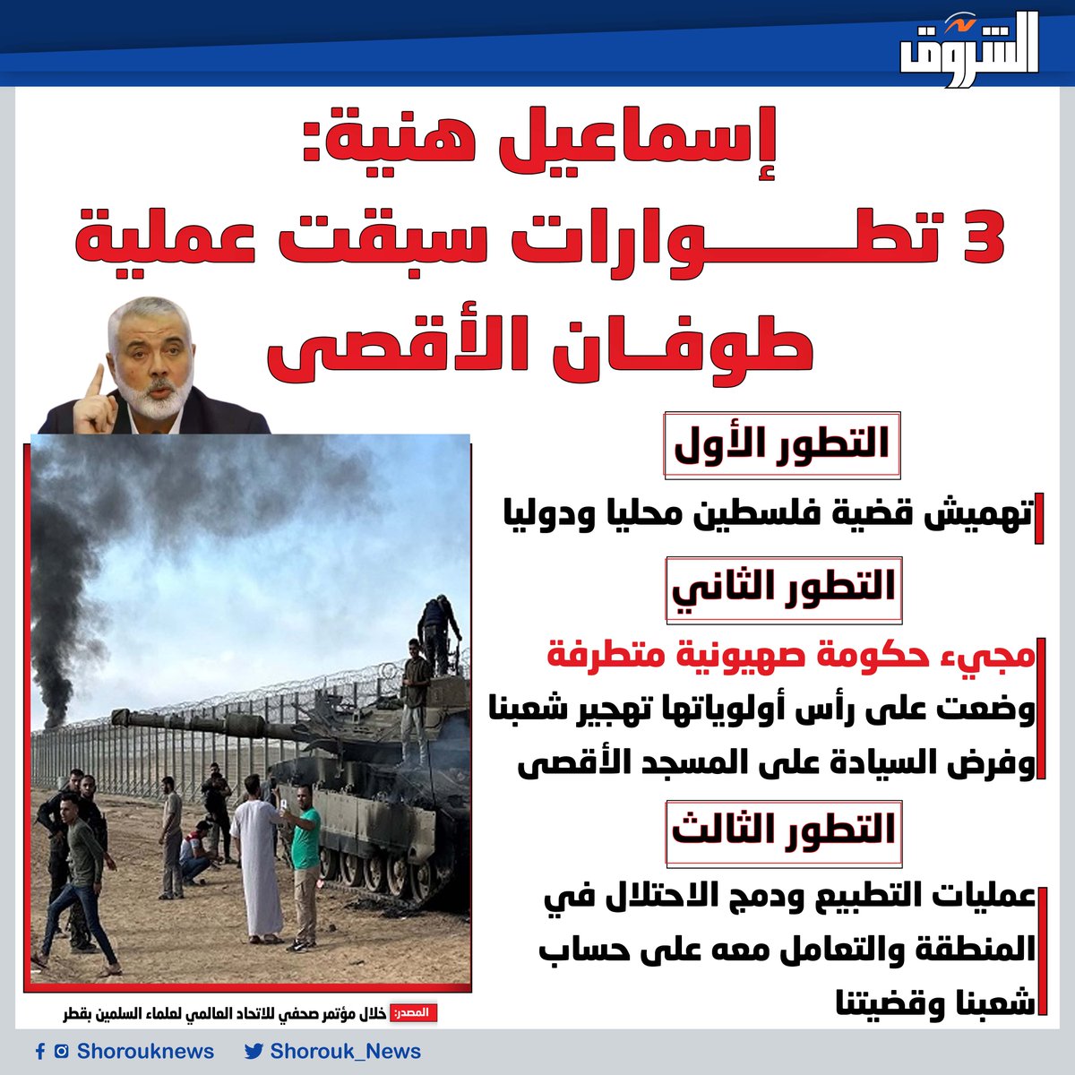 Shorouk_News's tweet photo. 🛑إسماعيل هنية: 3 تطوارات سبقت عملية طوفان الأقصى https://t.co/vqytLulnXt