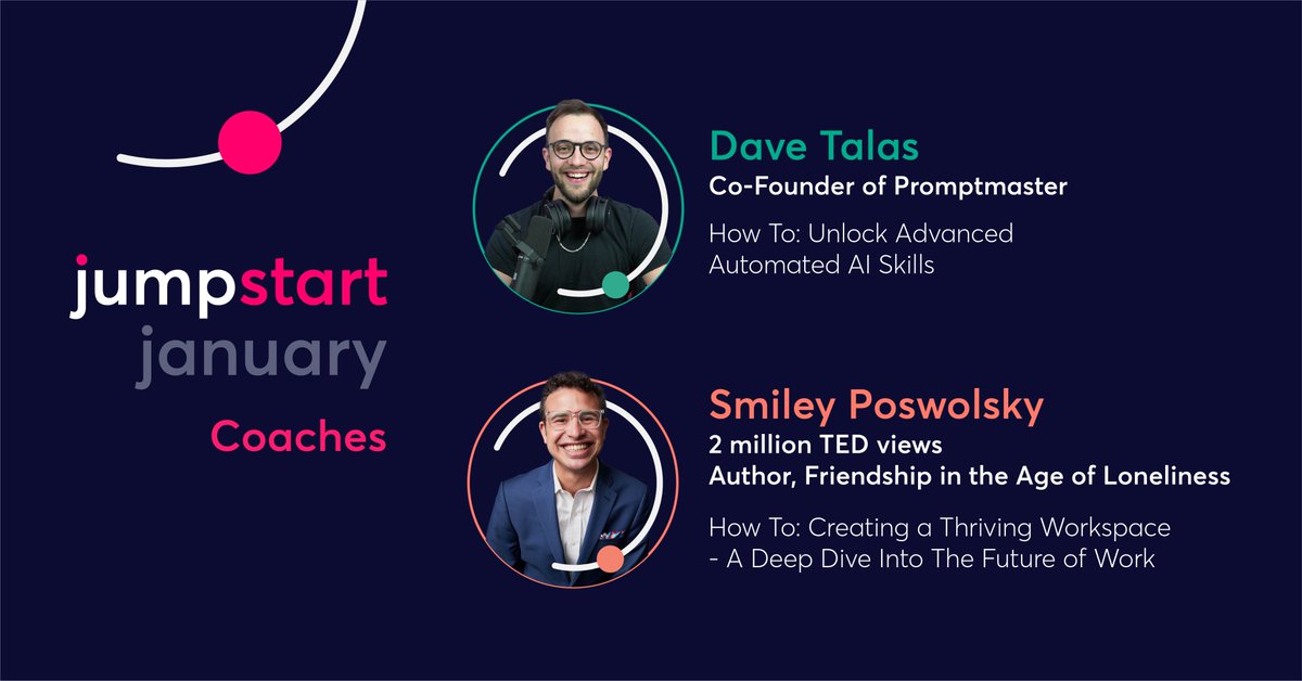 EntrepreneurOrg's tweet photo. We're giving you a sneak peek at our upcoming labs for Jumpstart January 2024! Meet this year's expert coaches:

Coach Highlight : Coach 1
🌐 Meet @DaveTalas, Co-Founder of Promptmaster

Excited for Jumpstart January? 🚀 Dave will guide you to unlock advanced AI skills, tapping into the potential of ChatGPT. Discover AI tools for any task, master advanced use cases, and build automated workflows effortlessly – no coding required!

Coach Highlight: Coach 2
🔍 Meet Smiley Poswolsky @whatsupsmiley, Keynote Speaker!

Get ready to dive deep into the future of work with Smiley at Jumpstart January!

With 2 million TED views, Smiley will explore creating a thriving workspace, offering strategies for fostering a culture of belonging, human connection, and well-being in the age of hybrid work and AI.

Join us for this insightful journey! https://t.co/U9pNT9CNip #EO #JumpstartJanuary #AdvancedAI #TechSkills #FutureOfWork #WorkspaceThrive