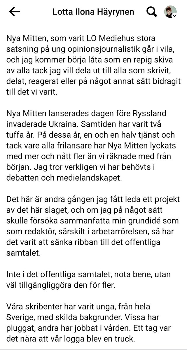 Den som läste Journalisten igår eller <a href="/NyaMitten/">Nya Mitten</a> i dag vet redan att Nya Mitten nu läggs ned. 

Några personliga ord om det nedan. Och en sista text här: nyamitten.se/2024/01/09/tac…
