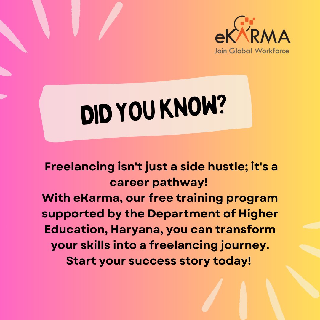 EKarmaIND's tweet photo. Did you know?
Unlocking the doors to freelancing success with eKarma is not just a training program; it's a game-changer! Join the movement, where dreams meet digital reality.
#FreelancingRevolution #eKarmaSuccess #DigitalSkills https://t.co/1YzA1MFhgM